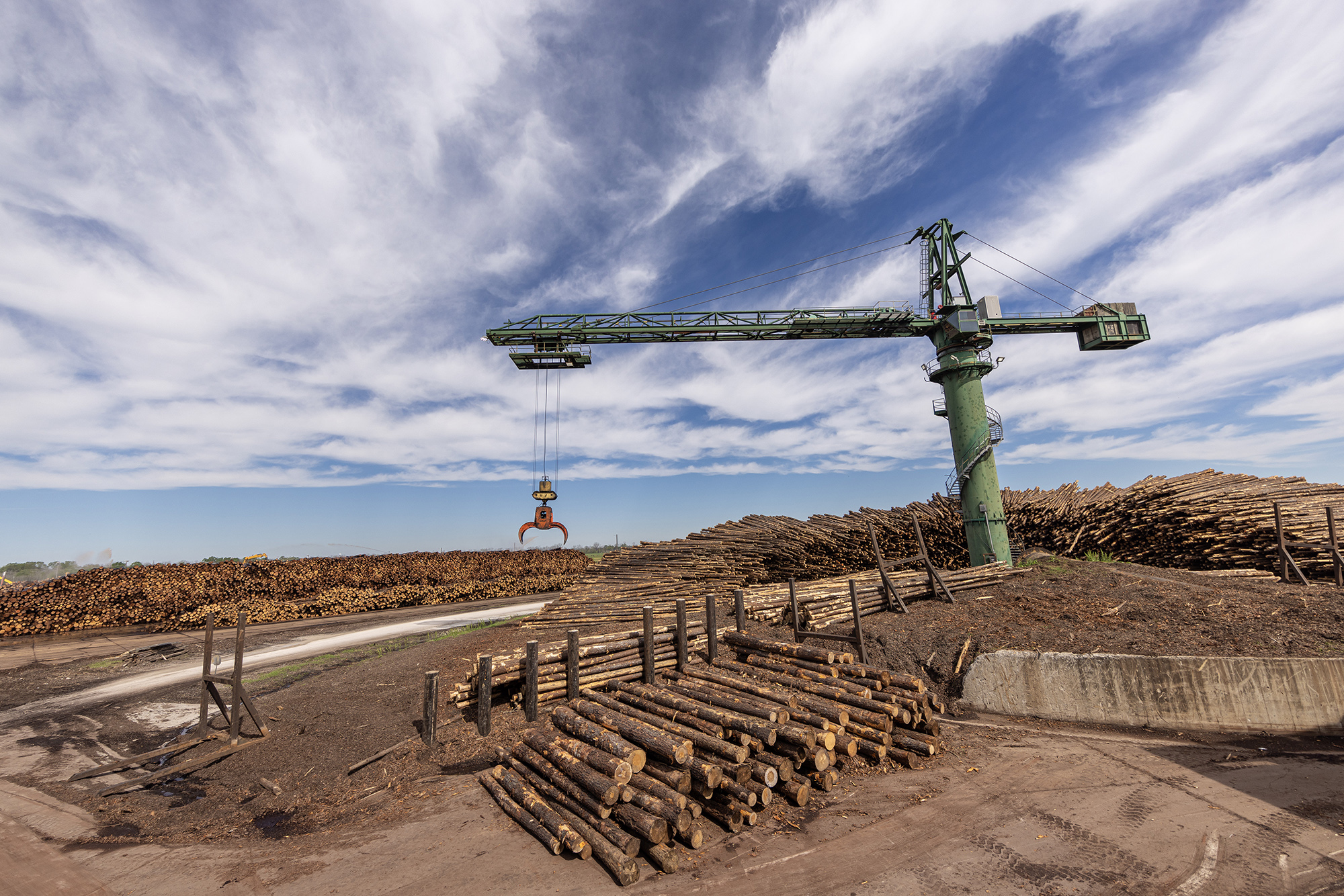 large equipment moving logs at lumber factory