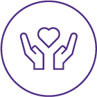 positive climate A purple icon of two hands holding a heart, enclosed in a circular border.