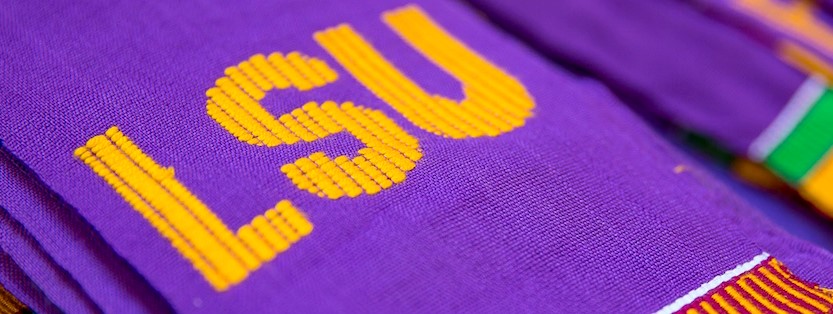 Purple Kente stole featuring LSU.