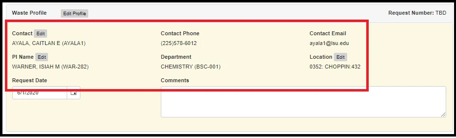 Waste profile page, with the contact information portion highlighted.