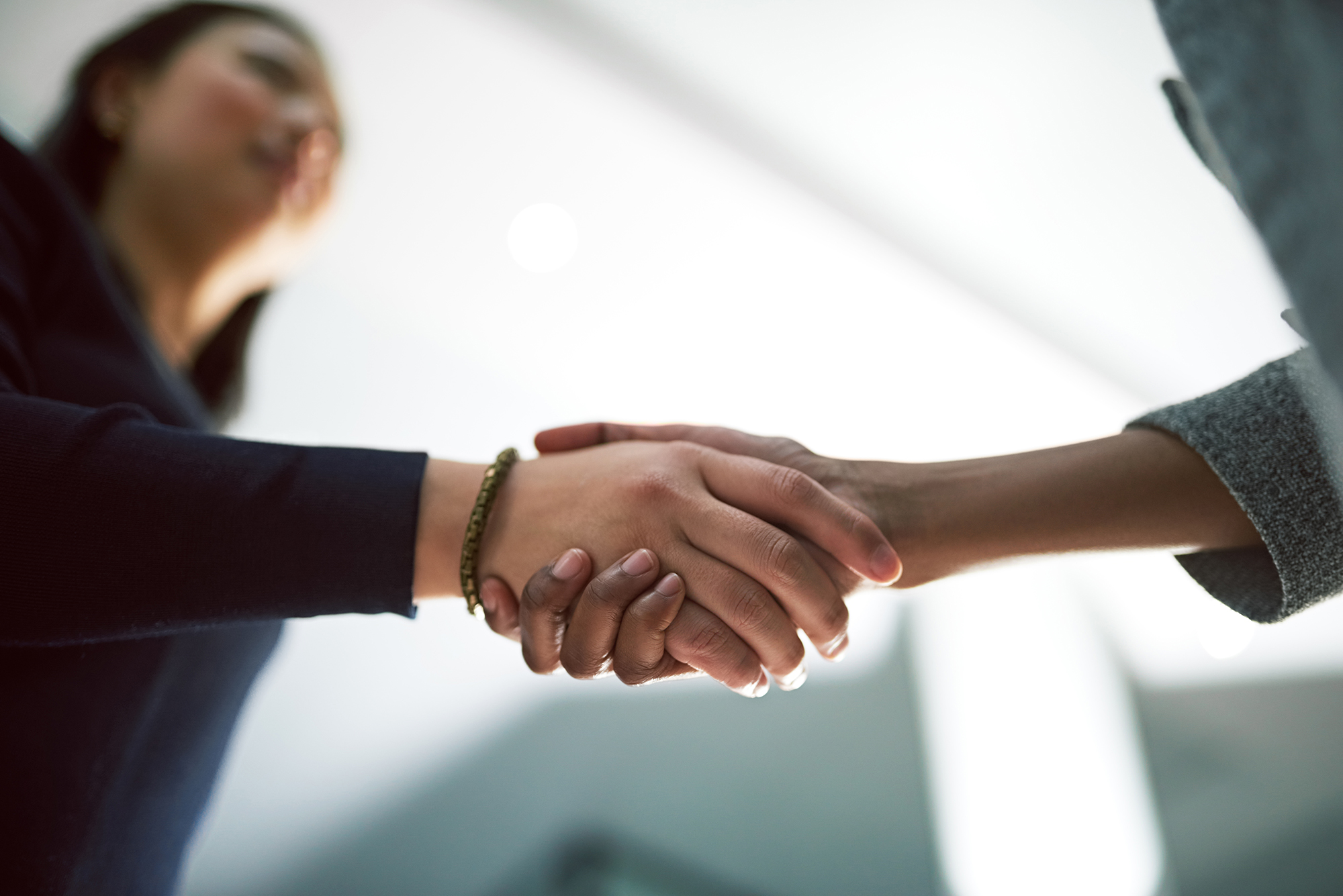 Close-up of two people shaking hands.