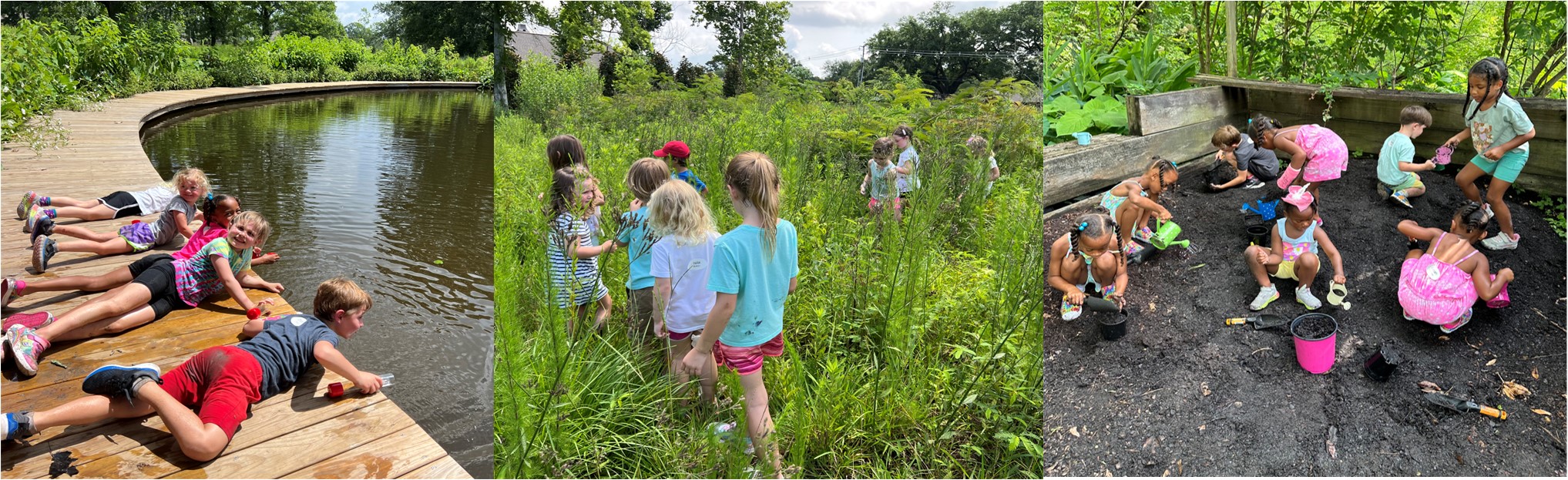 Trio of pictures children by water, children walking in a meadow and digging in soil