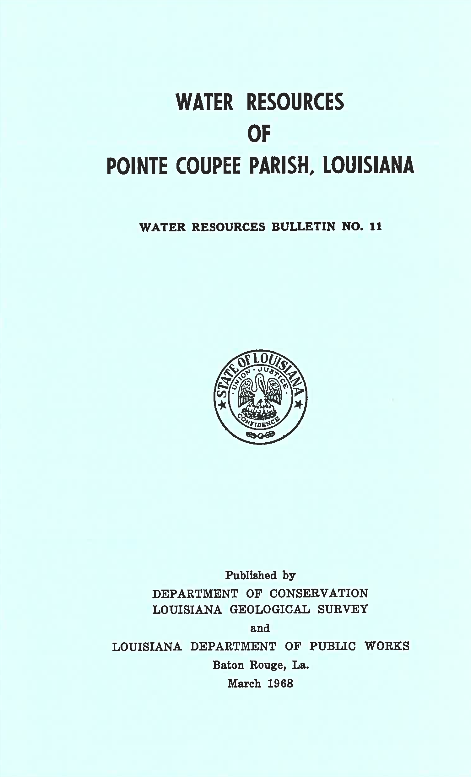 Water Resources of Pointe Coupee Parish, Louisiana.