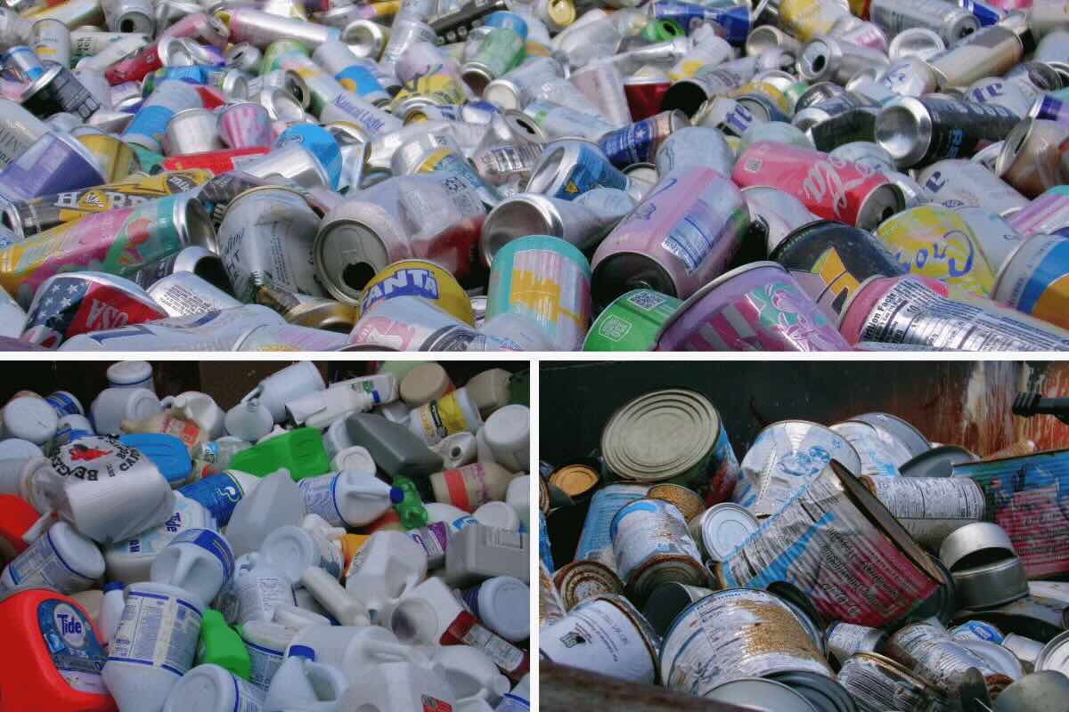 A collage of scrap metal, aluminum cans, and pigmented plastics from the recycling sortation center. 